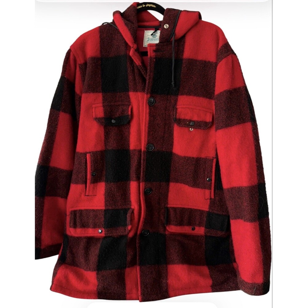 VTG 60s Johnson Woolen Mills Hooded Mackinaw Jacket Wool Plaid Hunting Coat 44